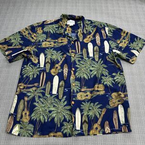 Diamond Head Hawaiian Shirt Men Large Surfboards Guitar Palm Tree Aloha Tropical